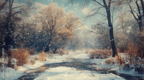 A dreamy winter landscape featuring a gentle stream flowing through a snow-covered forest, with light snowfall and a soft glow, creating a magical and serene winter scene