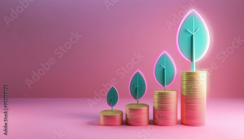 Growth concept illustrated with coins and green leaves, symbolizing financial development and sustainability.
