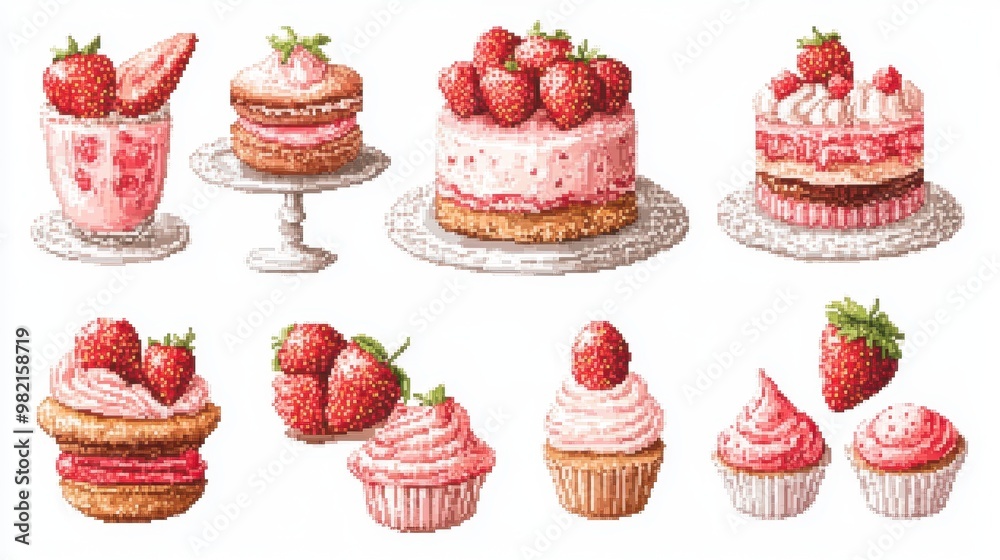 Vector illustration Cross stitch Sweet dessert set with strawberry cake,cupcake,macaroon,sweets pixel art set of icons,vintage, 8 bit, bakery menu,copy space. Vector illustration Cross stitch Sweet dessert set with strawberry cake,cupcake,macaroon,sweets pixel art set of icons,vintage, 8 bit, bakery menu,copy space.