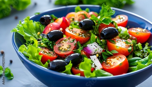 Vibrant garden salad in a blue bowl featuring cherry tomatoes, black olives, and mixed greens, elegantly garnished with fresh herbs.