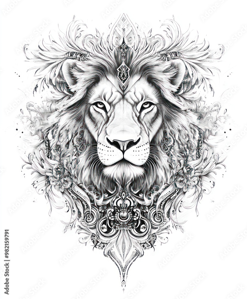 Obraz premium A detailed illustration of a lion's face surrounded by ornate patterns and designs.
