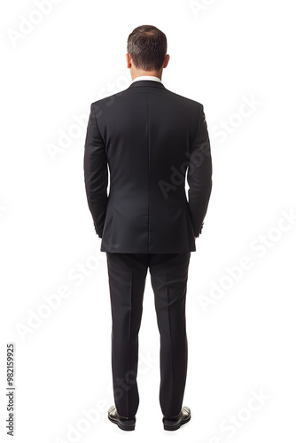 Corporate businessman in black suit standing back view isolated on white background 