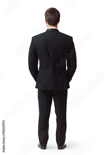 Corporate businessman in black suit standing back view isolated on white background 