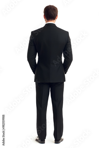 Corporate businessman in black suit standing back view isolated on white background 