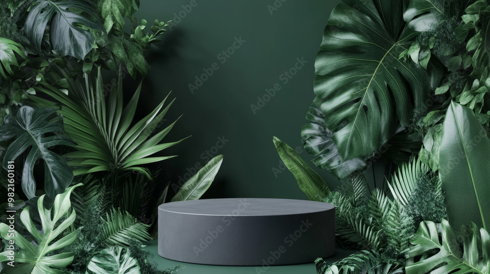 A sleek matte grey podium surrounded by lush tropical foliage, with a deep emerald green background, creating a luxurious natural display. A sleek matte grey podium surrounded by lush tropical foliage, with a deep emerald green background, creating a luxurious natural display.