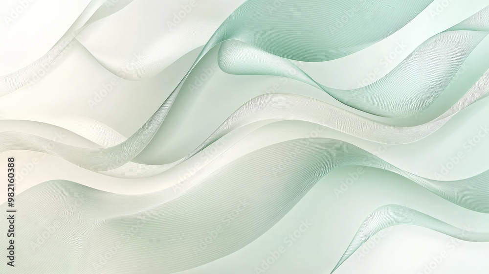 Obraz premium Abstract minimal background with soft muted colors like mint green and cream, featuring thin, wavy lines that add a dynamic yet elegant touch.