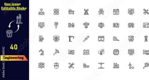 Editable stroke icon set for engineering, featuring icons for blueprints, engineers, tools, construction, and mechanics.