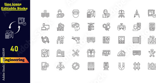 Editable stroke icon set for engineering, featuring icons for blueprints, engineers, tools, construction, and mechanics.