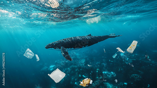 A majestic whale swims through clear waters, surrounded by plastic waste, highlighting the urgent issue of ocean pollution. photo