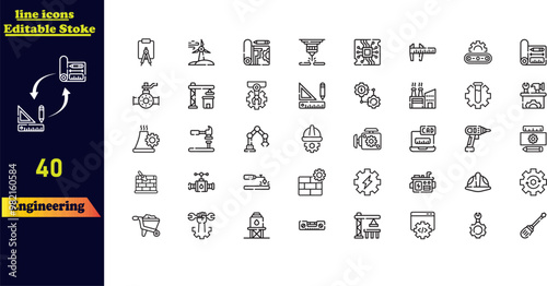 Editable stroke icon set for engineering, featuring icons for blueprints, engineers, tools, construction, and mechanics.