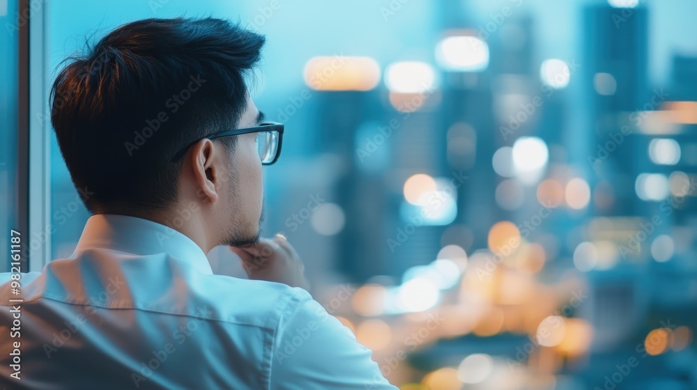 Obraz premium A thoughtful man gazes out at a city skyline, contemplating life and opportunities amid a sea of twinkling lights.