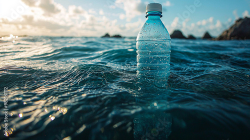 A plastic water bottle floating on ocean waves, capturing the beauty of nature and the impact of pollution on marine life. photo