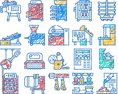 meat factory production equipment doodle icons set vector. sketch line art smoking and baking chamber for preparing meat, grinder and carcass conveyor plant tool, circula band saws color illustrations