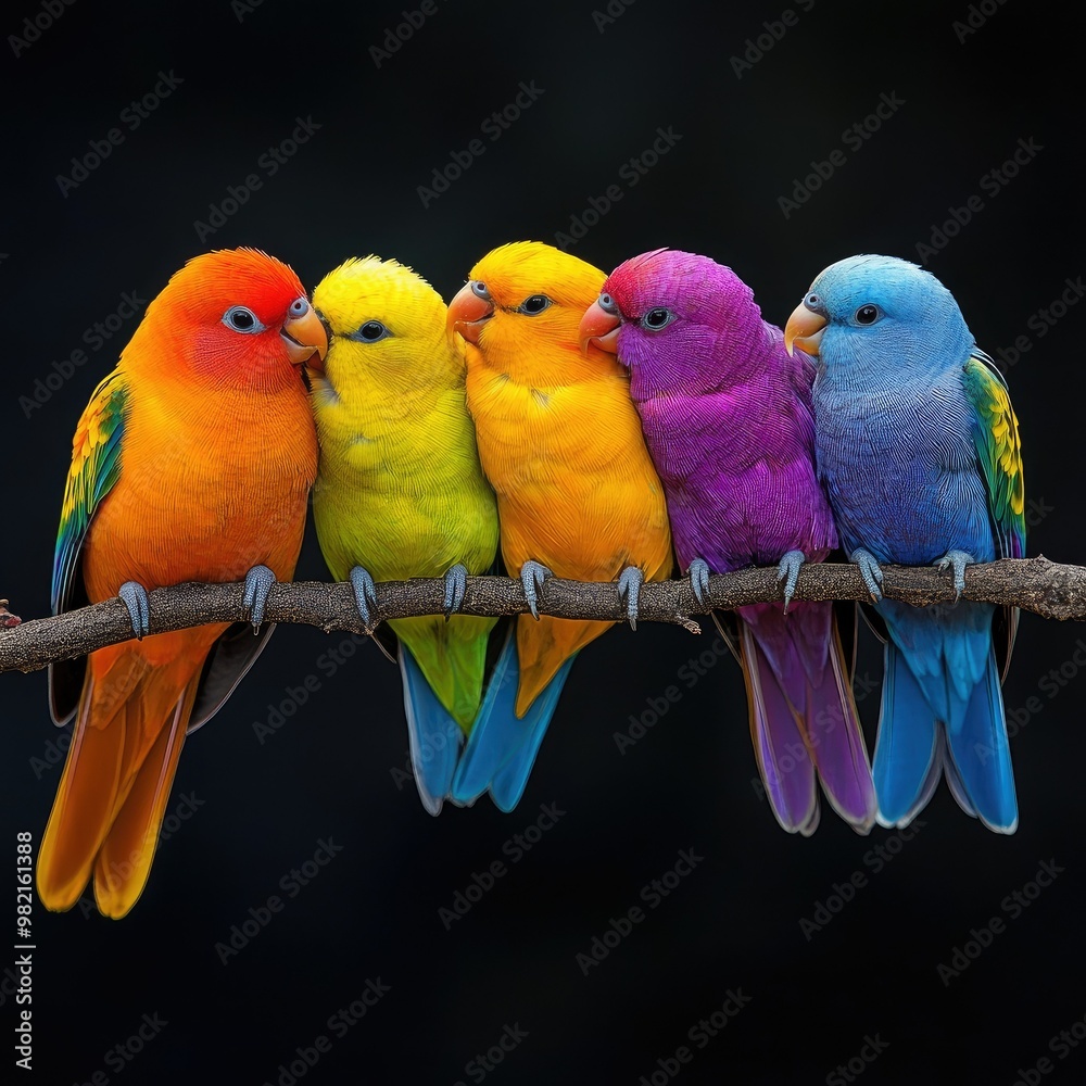 Obraz premium 5 birds sitting on a single branch, each bird has a different color of feathers, vibrant colors, photorealistic detailed photography,