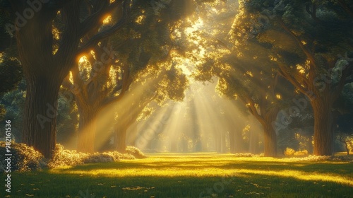 The bright sun is shining down through the trees in a beautiful park