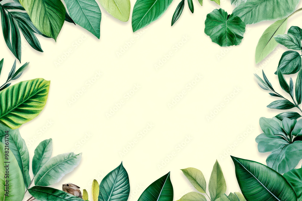 Naklejka premium Vibrant green leaves forming a beautiful border, perfect for nature-themed designs and backgrounds.