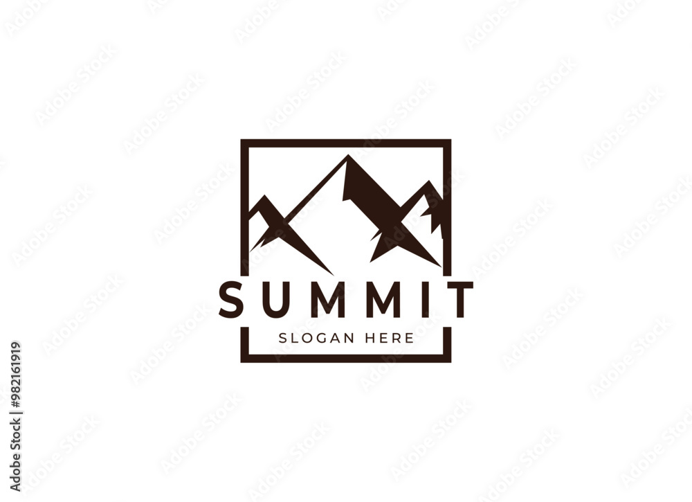 Emblem Label Logo design of Top Summit Peak with Sun or Moon for Mountain Adventure Outdoor Business Emblem Label Logo design of Top Summit Peak with Sun or Moon for Mountain Adventure Outdoor Business