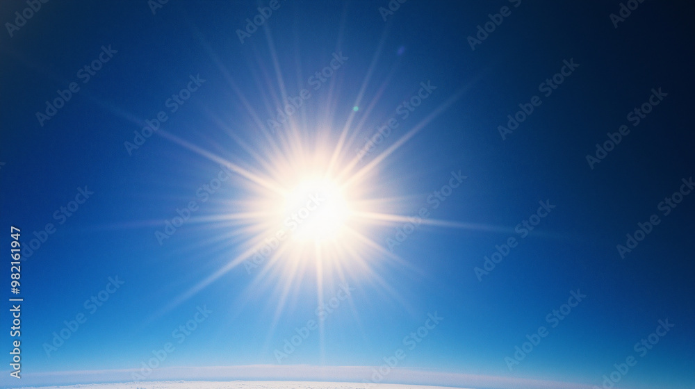 Bright glow with diverging rays in the sky above the clouds. View from space Bright glow with diverging rays in the sky above the clouds. View from space