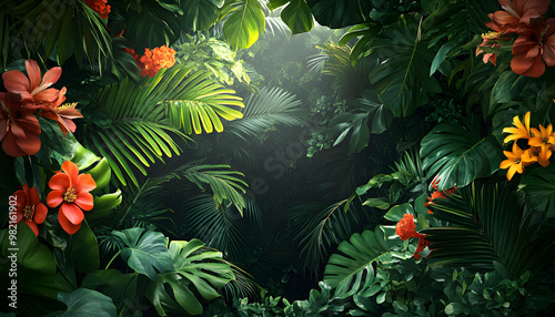 A lush jungle scene with vibrant green leaves and exotic flowers, bringing the warmth of the tropics to your screen