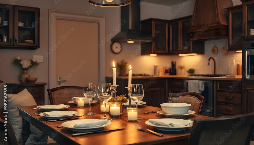 A cozy kitchen with a dining table set for a romantic dinner. The table is set with plates, glasses, and candles that create a warm, intimate atmosphere. The kitchen cabinets and countertops are made A cozy kitchen with a dining table set for a romantic dinner. The table is set with plates, glasses, and candles that create a warm, intimate atmosphere. The kitchen cabinets and countertops are made