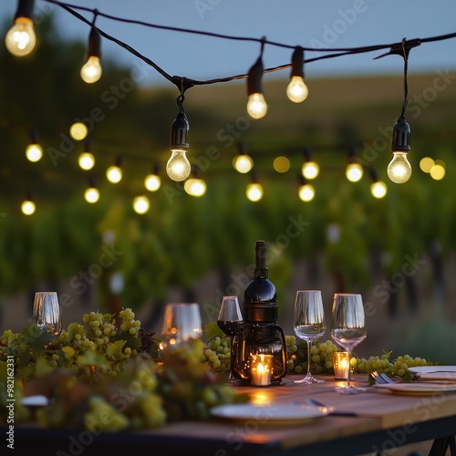 String Lights Over a Gourmet Dining Setup in a Vineyard photo