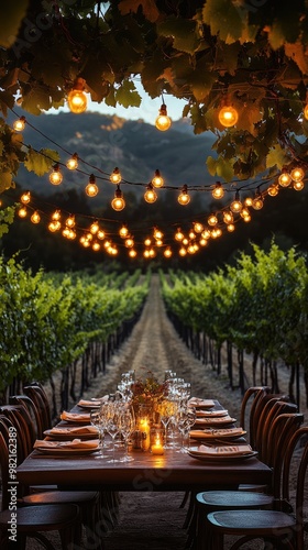 String Lights Over a Gourmet Dining Setup in a Vineyard photo