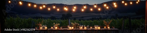 String Lights Over a Gourmet Dining Setup in a Vineyard photo