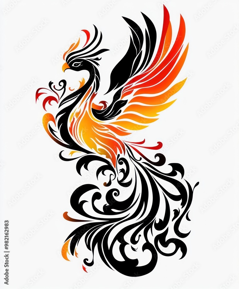A vibrant phoenix illustration with swirling patterns in orange, red, and black. A vibrant phoenix illustration with swirling patterns in orange, red, and black.