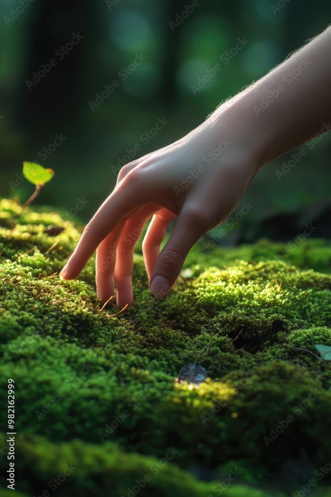 Fototapeta premium Hand Reaching for Leaf on Mossy Rock,