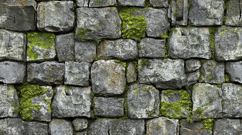 Fototapeta premium A stone wall with green moss growing on it.