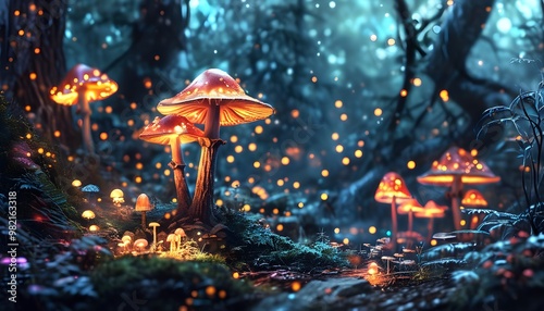 Enchanting forest of glowing mushrooms and whimsical lights creating a mystical fantasy atmosphere