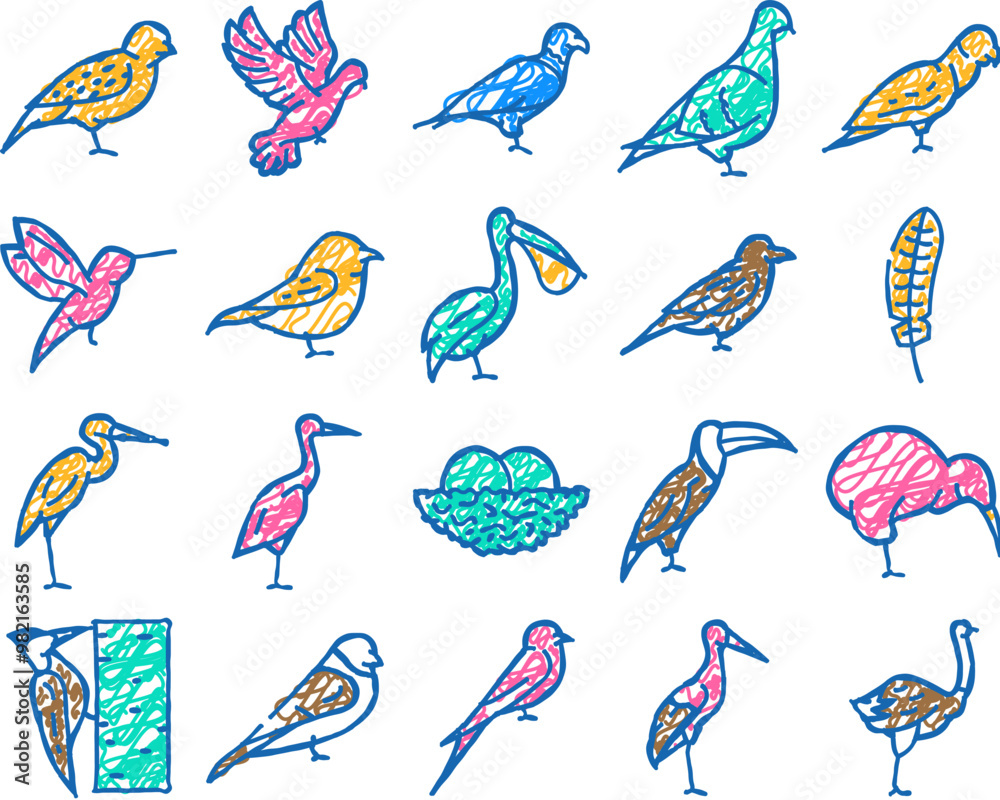 Fototapeta premium bird flying and eggs in nest doodle icons set vector. sketch line art toucan and eagle, crane and pelican, sparrow and stork flight bird. hummingbird and woodpecker wildlife nature color illustrations