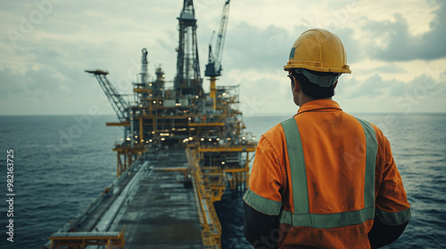 A worker in safety gear overlooking an offshore oil rig against a dramatic sky, symbolizing industry and perseverance at sea.