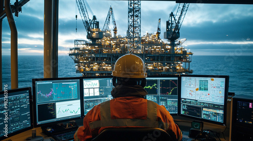 A worker monitors data on multiple screens at an oil rig, showcasing the technology and environment of offshore drilling.