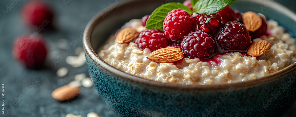 Bowl of oatmeal topped with almonds, berries, and honey, healthy brain-boosting breakfast, comforting meal. Bowl of oatmeal topped with almonds, berries, and honey, healthy brain-boosting breakfast, comforting meal.