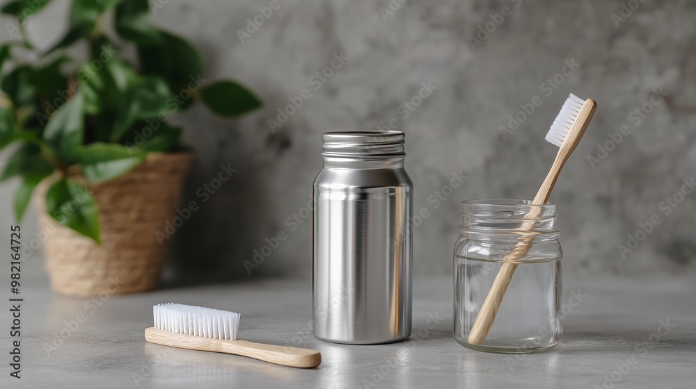 Sustainable bathroom essentials featuring a bamboo toothbrush and stainless steel container on a countertop with greenery
