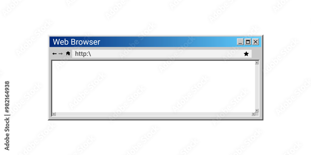 Old web browser window in blue color. Vintage search system pop up. Retro webpage with link.