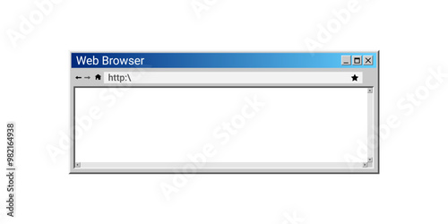 Old web browser window in blue color. Vintage search system pop up. Retro webpage with link.