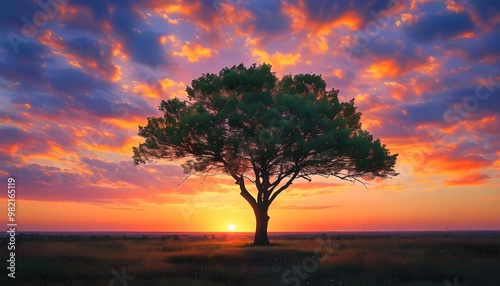 Majestic solitary tree silhouette against a stunning sunset with a vibrant and colorful sky