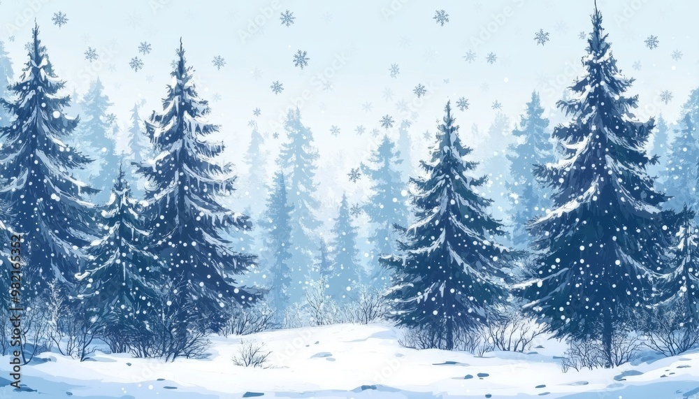 Fototapeta premium Serene Winter Forest: Anime-Style Illustration of Snow-Covered Pine Trees and Dancing Snowflakes. Vibrant Decorative Art for Travel Marketing, Cultural Promotions, and 4K Seasonal Wallpapers. Tranquil