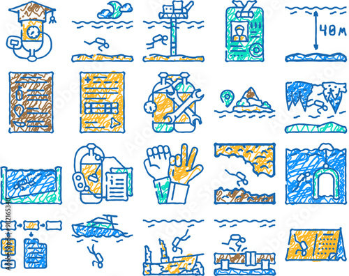 diving school education lesson doodle icons set vector. sketch line art diving school course and study, underwater sign language and professional equipment instruction certificate color illustrations