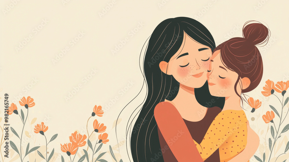 flat vector illustration of mother and daughter hugging tenderly surrounded by colorful flowers, conveying their deep connection and affection. motherly love. copy space, banner flat vector illustration of mother and daughter hugging tenderly surrounded by colorful flowers, conveying their deep connection and affection. motherly love. copy space, banner