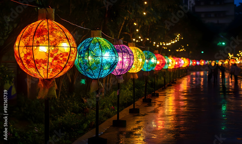 Series of colourful aakash kandil lights displayed in Pune city area photo