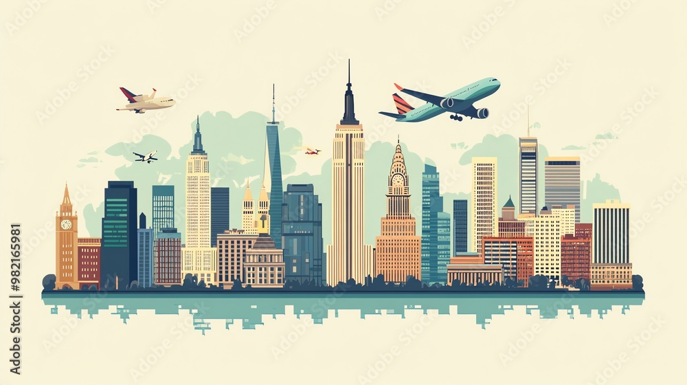 A vibrant and colorful illustration of the New York City skyline with airplanes flying overhead.