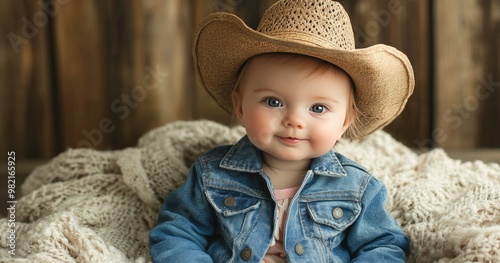 A beautiful baby girl wearing a denim jacket and cowboy hat, sitting on a soft blanket. The background