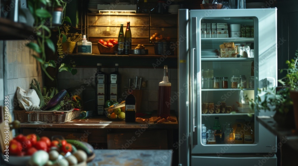 A cozy kitchen scene with an open refrigerator and various fresh produce items, jars, and bottles on the counter A cozy kitchen scene with an open refrigerator and various fresh produce items, jars, and bottles on the counter