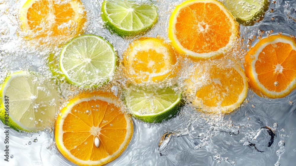 Slices of Oranges and Limes Floating in Water with Bubbles Slices of Oranges and Limes Floating in Water with Bubbles