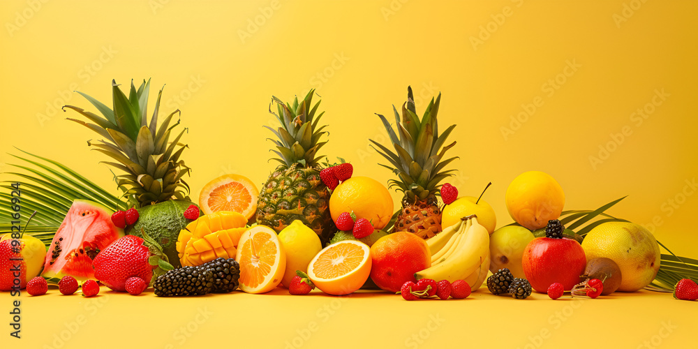 Tropical Fruits Collection on Yellow Background Tropical Fruits Collection on Yellow Background