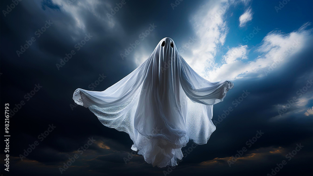A ghost in a white sheet hovers in the air A ghost in a white sheet hovers in the air
