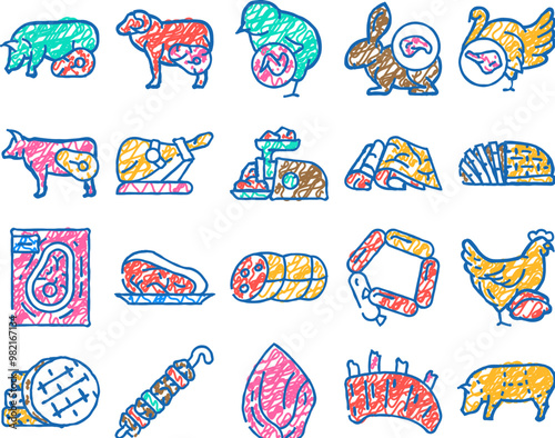 meat raw food domestic animal doodle icons set vector. sketch line art rabbit and mutton, chick and chicken, beef and turkey meat for cooking delicious dish frying barbeque. hen color illustrations